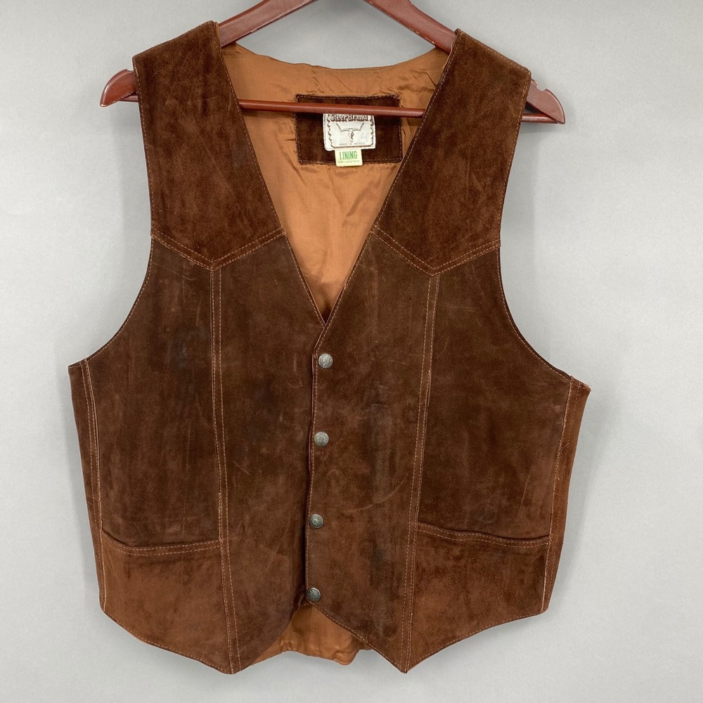 Steer Brand Mens Vintage Brown Suede Leather Western Vest Snap‎ Front Size Large